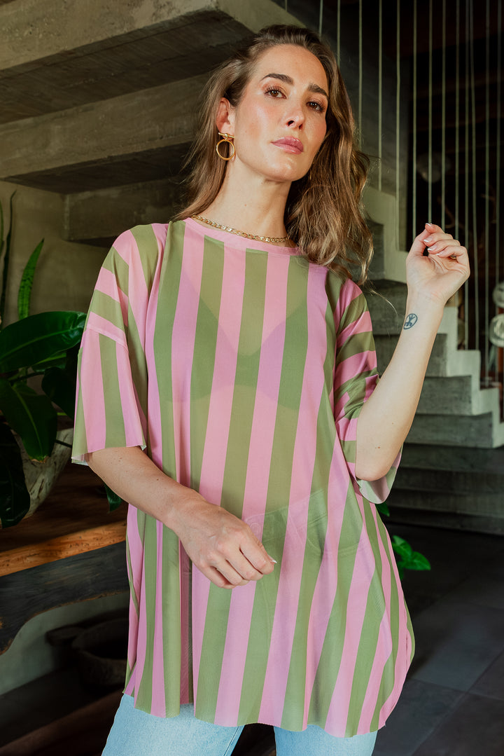 POLERA STRIPES OVERSIZE - VERDE ROSA