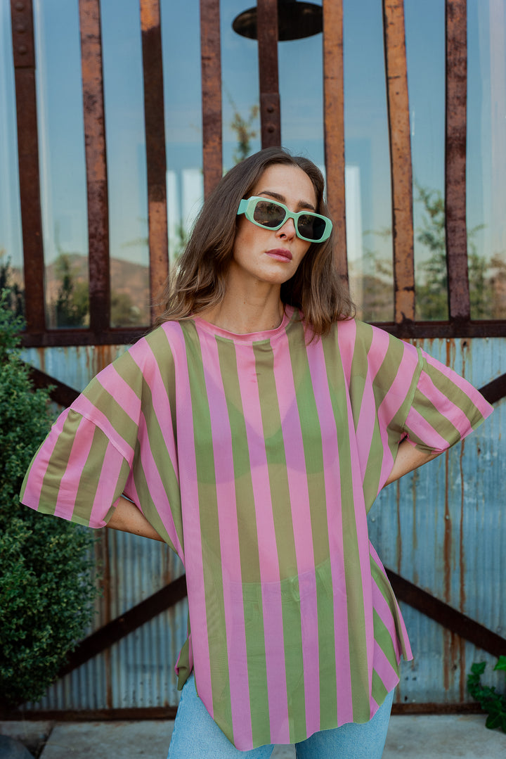 POLERA STRIPES OVERSIZE - VERDE ROSA