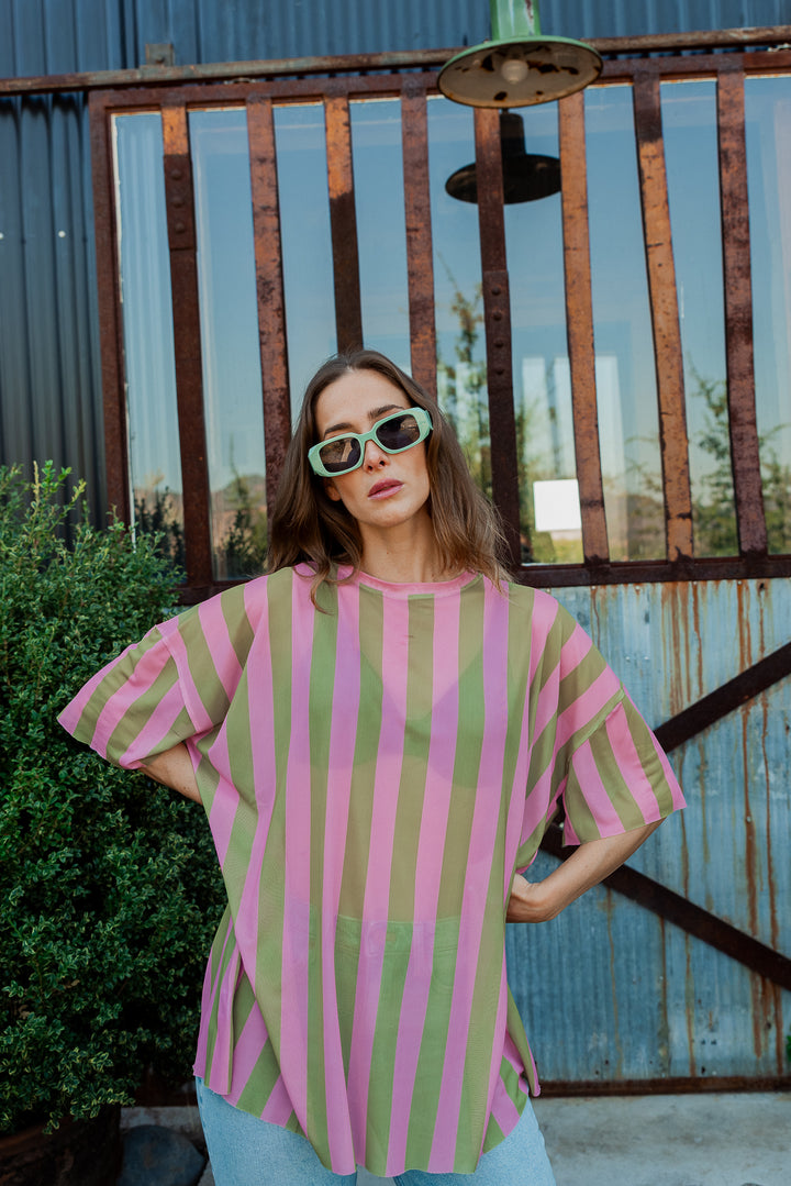 POLERA STRIPES OVERSIZE - VERDE ROSA