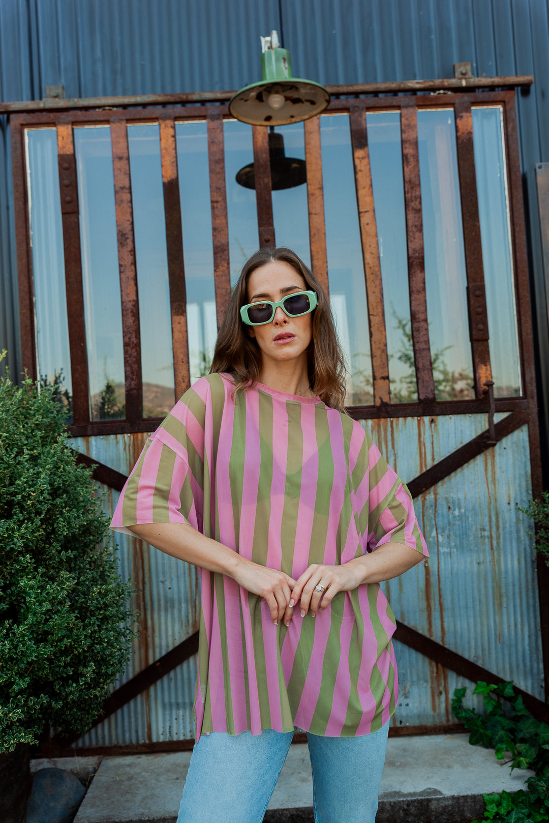POLERA STRIPES OVERSIZE - VERDE ROSA