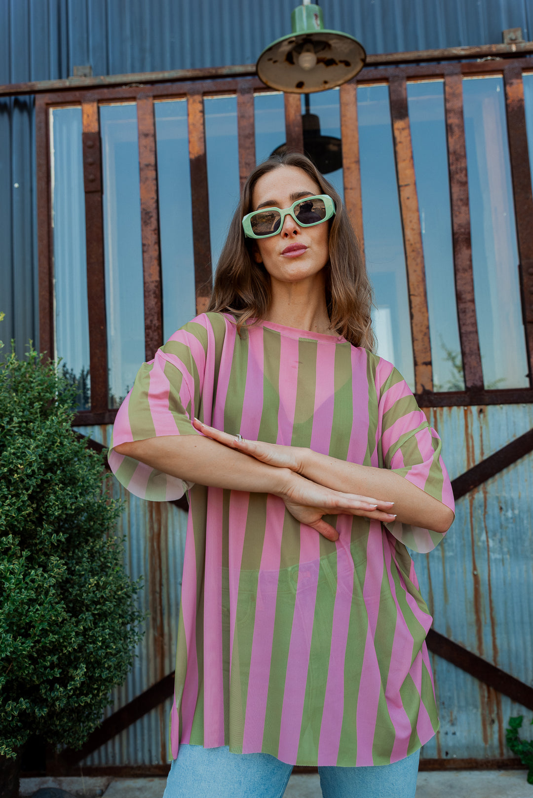 POLERA STRIPES OVERSIZE - VERDE ROSA