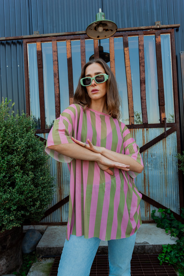POLERA STRIPES OVERSIZE - VERDE ROSA