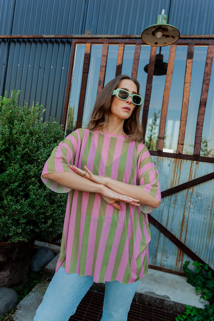 POLERA STRIPES OVERSIZE - VERDE ROSA