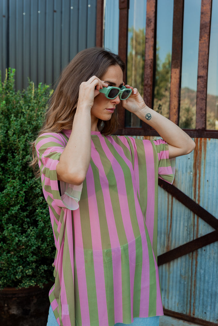 POLERA STRIPES OVERSIZE - VERDE ROSA
