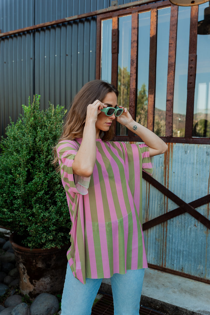 POLERA STRIPES OVERSIZE - VERDE ROSA